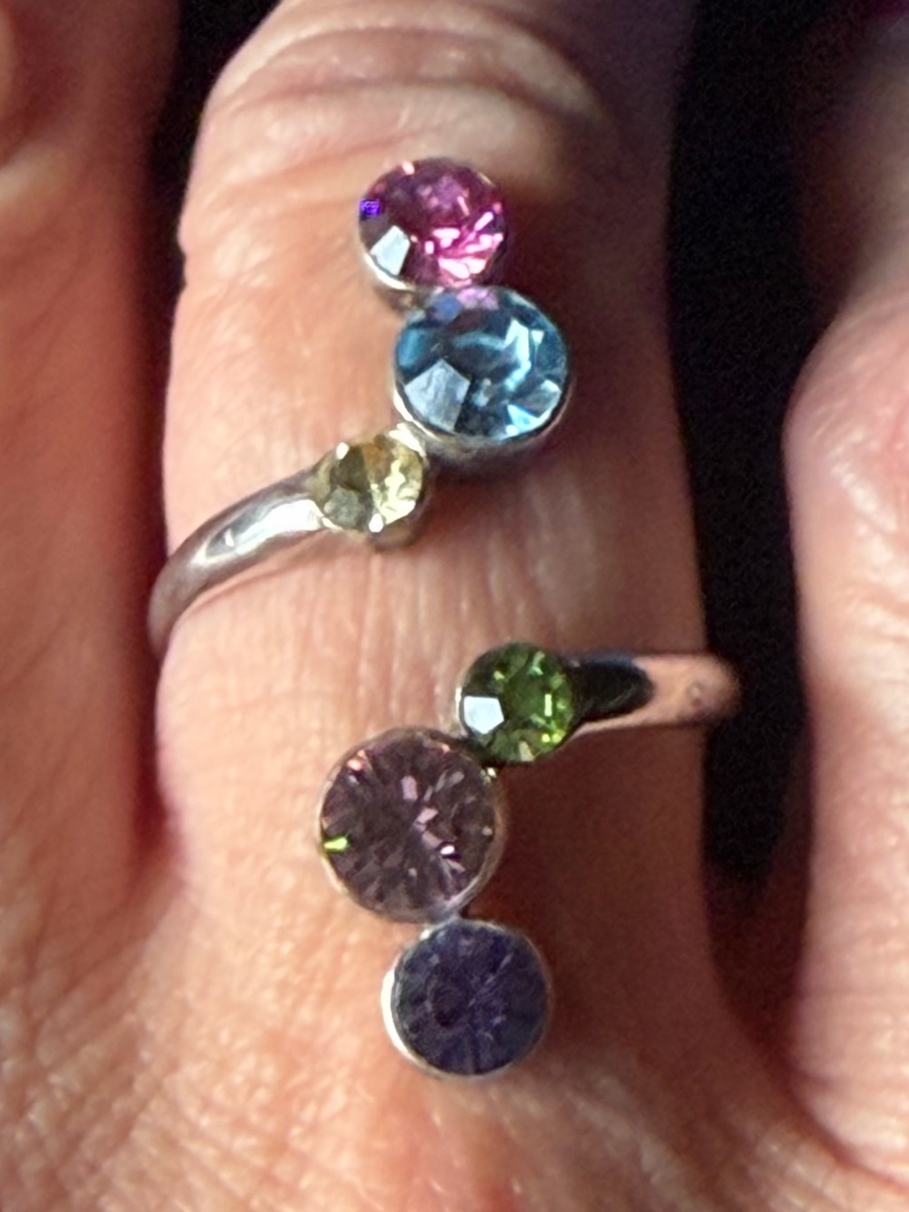 Unusual Bypass Vintage Multicolor Gemstone Open Ring - 925 Sterling adjustable